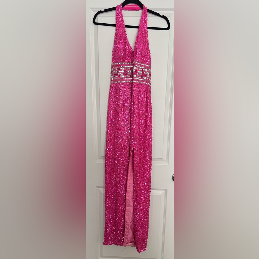 Scala Pink Sequin Halter Prom Dress